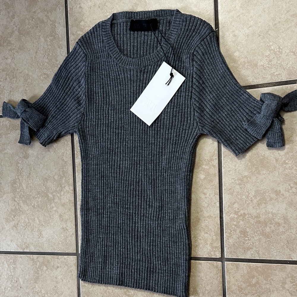 Zara Gray Ribbed Sweater with Sleeve Bows